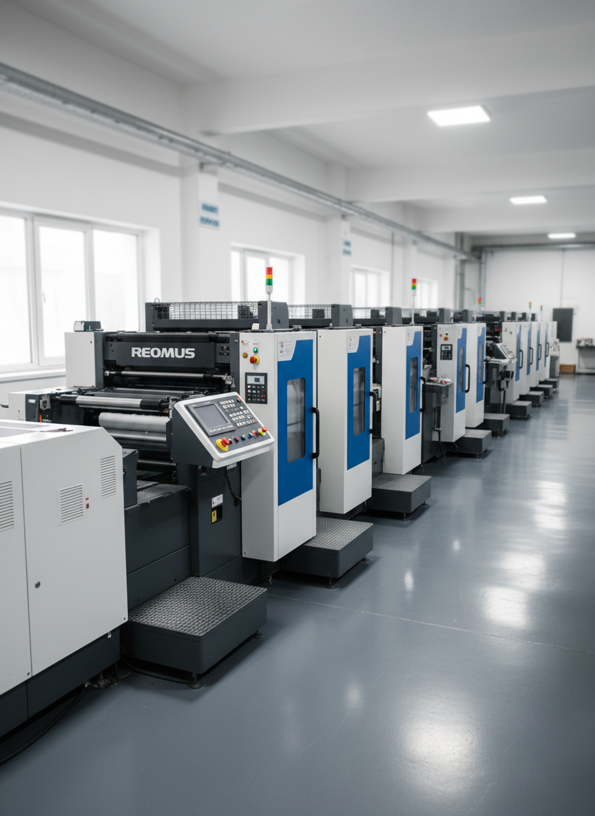 Un gran taller de impresión offset industrial perfectamente ordenado, lleno de maquinaria gráfica pesada de color blanco y gris con paneles azules, mostrada en fotografía hiperrealista. Las máquinas se alinean en perspectiva sobre un piso epóxico gris brillante, con paredes claras y señalética técnica discreta. Luz natural suave entra por amplios ventanales laterales y se combina con iluminación cenital fría, resaltando superficies metálicas, botones luminosos y pantallas digitales encendidas. El ambiente transmite profesionalismo, precisión y limpieza. Composición a nivel de ojo, con una prensa offset de varios cuerpos en primer plano y el resto del taller desenfocado suavemente al fondo, logrando sensación de profundidad. Estilo fotográfico limpio y moderno, ideal como imagen principal para un sitio de catálogo de maquinaria gráfica profesional.