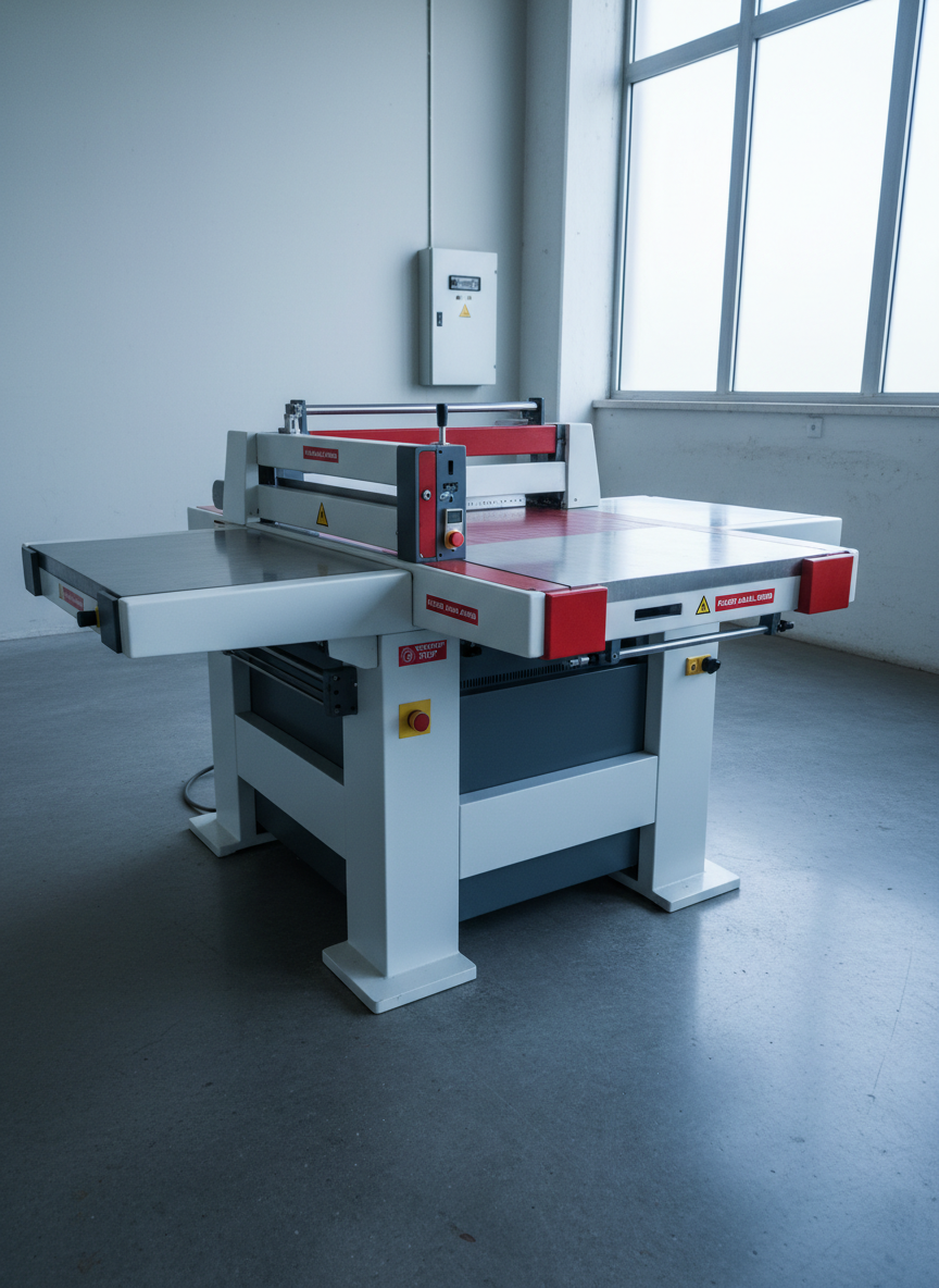 Una guillotina industrial para papel de alta precisión, de gran formato, color blanco y gris con detalles rojos de seguridad, capturada en fotografía realista. La máquina se sitúa centrada en un espacio de taller minimalista, con piso de concreto pulido y pared clara con panel eléctrico discreto. La iluminación es fría y lateral, proveniente de amplios ventanales a la derecha, generando sombras suaves bajo la mesa de corte e iluminando el área de cuchilla y el panel de control digital. La atmósfera transmite robustez, seguridad y confiabilidad técnica. Composición ligeramente elevada para apreciar la superficie de corte, los topes traseros y las barandas de protección, con enfoque nítido en toda la máquina y un fondo simple que no distrae. Estilo fotográfico limpio, industrial y sobrio, ideal para un catálogo técnico.