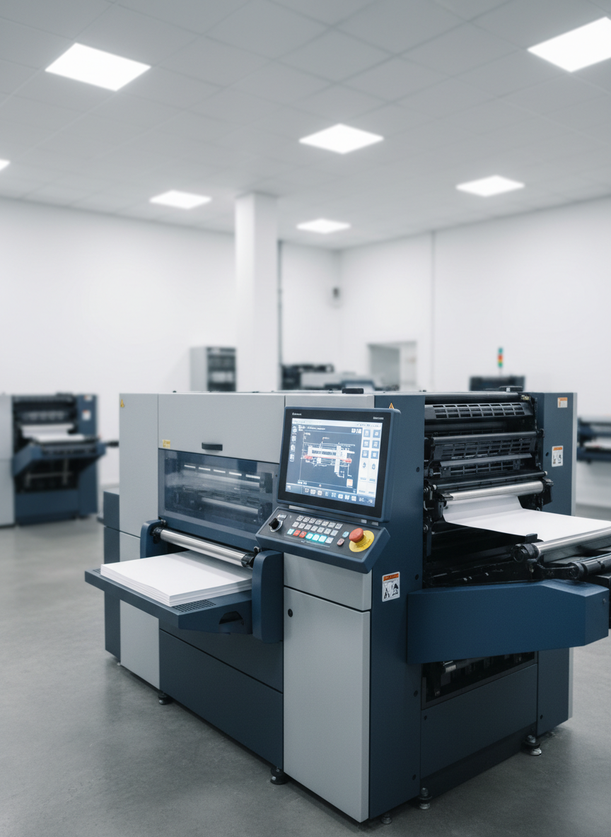 Un primer plano fotográfico de una moderna impresora offset de pliegos, con cuerpo principal gris metálico, detalles en azul y panel de control digital iluminado, capturada con alto nivel de detalle. La máquina se sitúa en un entorno de taller impecable, con paredes blancas y suelo industrial liso, mientras otras máquinas más pequeñas se perciben suavemente desenfocadas al fondo. La luz es blanca y uniforme, tipo estudio, proveniente del techo, creando reflejos controlados sobre el metal y el plástico técnico de los componentes. El ambiente resulta serio y tecnológico. La composición utiliza la regla de los tercios, enfocando el panel de control y la sección de entrada de papel, con profundidad de campo media para mostrar nitidez en la máquina y un fondo ligeramente difuso. Estética realista, profesional y contemporánea.